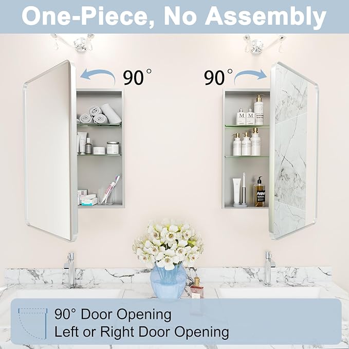 28x20 Inch Matte Silver Medicine Cabinet with Mirror for Bathroom, Aluminum Medicine Cabinet with Frosted Finish, Recessed or Wall Mount Medicine Chest, Modern Sleek Design, Fully Assembled