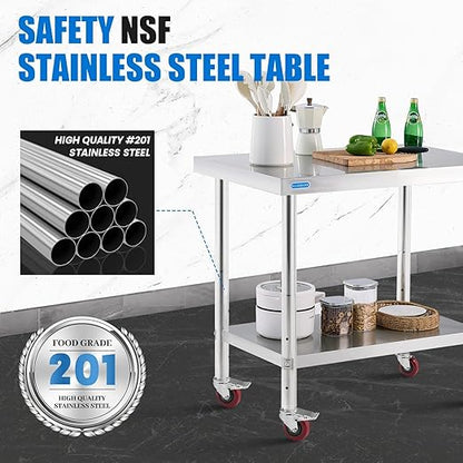 KUARBARR Stainless Steel Table for Prep & Work with 4 Caster Wheels with Undershelf 30 x 36 NSF Metal Commercial Kitchen Adjustable Under Shelf Worktable for Restaurant Home Outdoor
