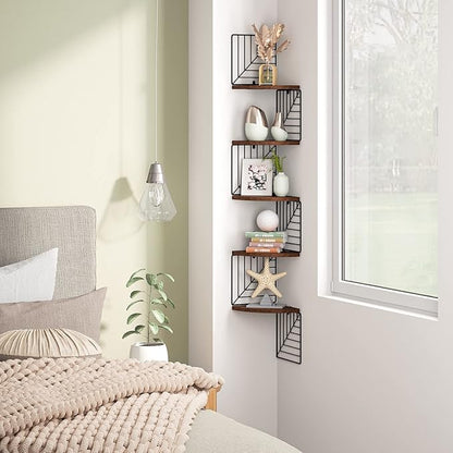 Love-KANKEI Corner Shelf Wall Mount of 5 Tier, Rustic Wood Floating Shelves Wall Shelves for Bedroom Living Room Bathroom Kitchen Office and More Dark Walnut