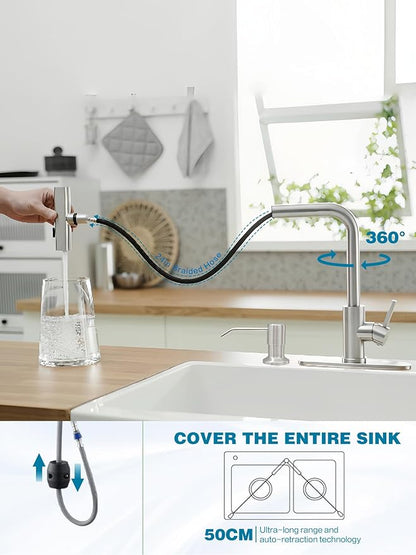 Kitchen Faucets with Pull Down Sprayer,Waterfall Kitchen Sink Faucet with Soap Dispenser,Utility Stainless Steel Kitchen Faucets,Single Handle Kitchen Sink Faucet with Pull Down Sprayer for 3 Function