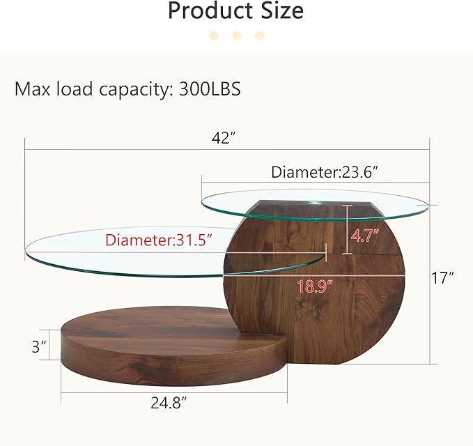 Glass Coffee Table, Modern Round Glass Coffee Table with Wooden Base, 3 Tier Round Coffee Table, Clear Cocktail Table with Storage for Living Room, Office, Balcony (42″ Walnut)