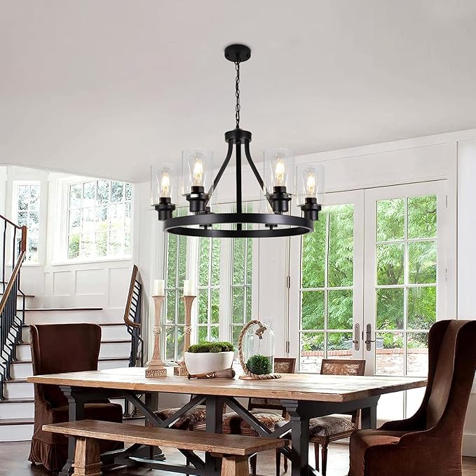 6-Light Farmhouse Chandelier Wagon Wheel Pendant Light Fixtures for Dining Room Living Room Island Kitchen Foyer Bedroom, Modern Black Industrial Rustic Adjustable Height Metal E26 Base