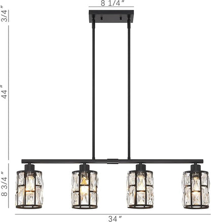 MEXO Crystal Pendant Light Fixture for Kitchen Island Dining Room, Farmhouse Chandelier Matte Black Close to Ceiling Lightings Over Table