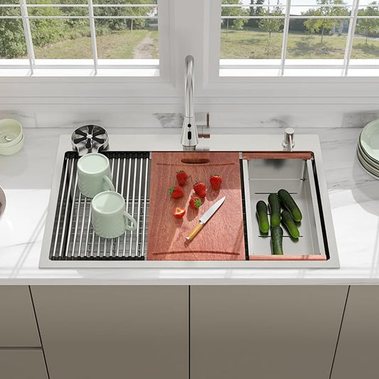 33 Drop In Kitchen Sink - Beslend 33x22 Kitchen Sink Drop In Workstation with Faucet, Stainless Steel Sinks and Soap Dispenser Topmount 16 Gauge Single Bowl Above Counter Dish Basin 9" Deep