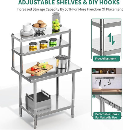 YITAHOME NSF Stainless Steel Table with Overshelf, 36" X 24" Work Table and 36" X 12" Shelf, Metal Prep Table for Home, Kitchen, Restaurant, Garage, Warehouse