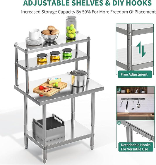 YITAHOME NSF Stainless Steel Table with Overshelf, 36" X 24" Work Table and 36" X 12" Shelf, Metal Prep Table for Home, Kitchen, Restaurant, Garage, Warehouse