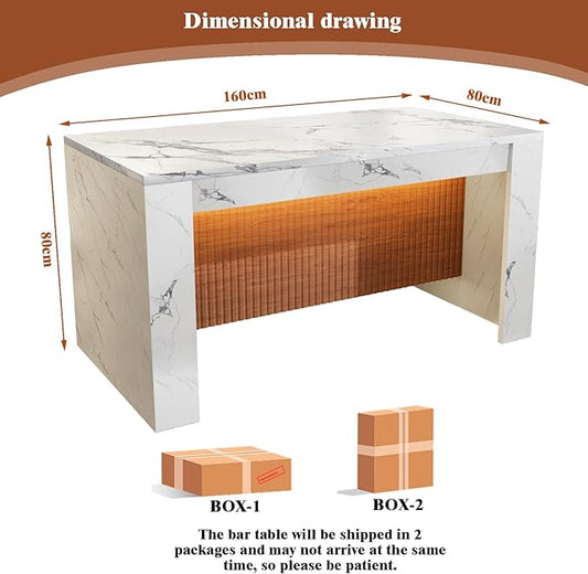 63" Large Imitation Marble Dining Table, Mordern Marble Stripes Kitchen Dining Table with Grille Design for 4 5 6 7 People, Island Table with LED Lights for Home Kitchen Living Room.