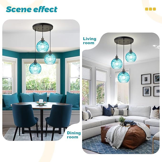 Mid-Century Modern Cluster Pendant Light, 3-Light Adjustable Chandelier with Blue Hammered Glass Globe Shades, Kitchen Island Pendant Lighting for Dining Room, Breakfast Nook, Living Room