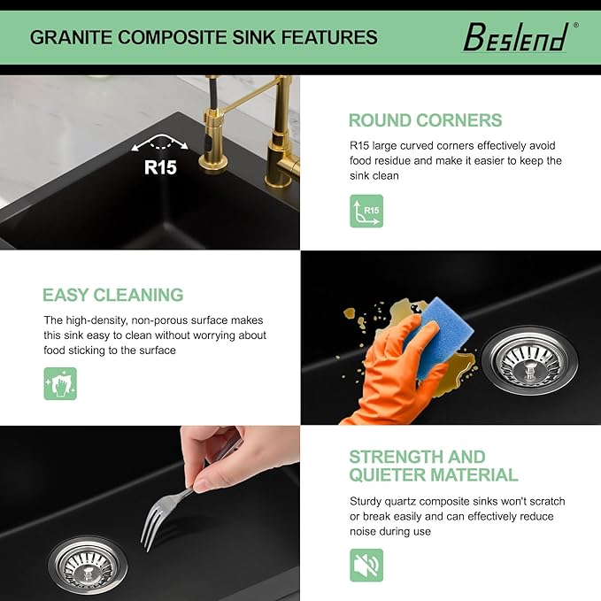 25 Granite Composite Kitchen Sink - Beslend 25x22 Inch Drop In Granite Kitchen Sink Topmount Black Quartz Sinks Classic Above Counter Single Bowl Basin