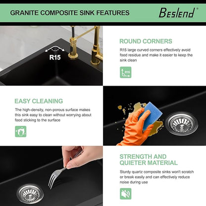 25 Granite Composite Kitchen Sink - Beslend 25x22 Inch Drop In Granite Kitchen Sink Topmount Black Quartz Sinks Classic Above Counter Single Bowl Basin