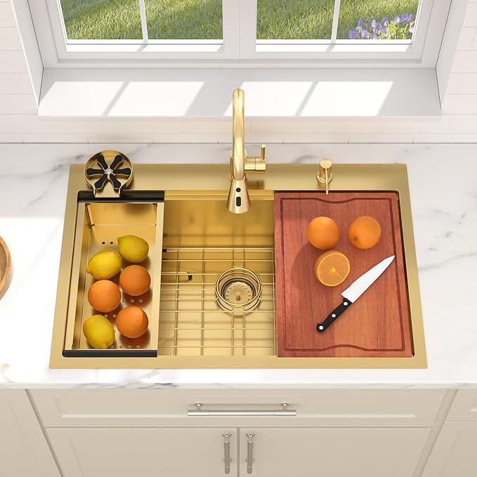 Dcolora 36 In. Gold Drop In Kitchen Sink, Workstation with Valued Accessories, Heavy Duty 16 Gauge 304 Stainless Steel Luxury Gold Nano-PVD, 36"x22"x10" Large Single Bowl #DC-T2533012GW