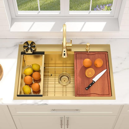 Dcolora 33 In. Gold Drop In Kitchen Sink, Workstation with Valued Accessories, Heavy Duty 16 Gauge 304 Stainless Steel Luxury Gold Nano-PVD, 33"x22"x10" Large Single Bowl #DC-T2533013GW