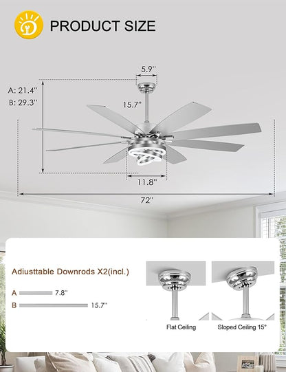 72 Inch Modern Large Ceiling Fans with Lights and Remote Reversible Quiet DC Motor 6 Speed Silver LED Chandelier Ceiling Fans for Living Room Bedroom Kitchen