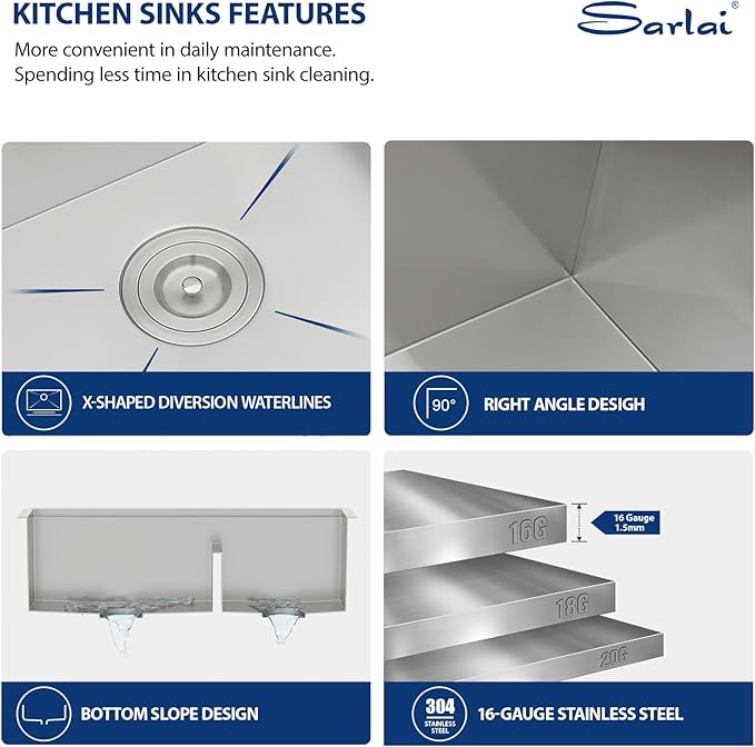 Sarlai 33 Kitchen Sink Double Bowl - 33x19 Inch Undermount Sink16 Gauge Stainless Steel Ledge Workstation Low Divide Double Bowl 60/40 Under Counter Kitchen SinK Basin