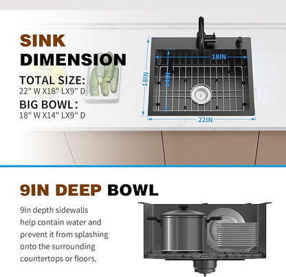 Black 22x18 Inch Kitchen And Bar Sink - Stainless Steel Drop In Small Single Bowl Kitchen Sink With Bottom Grid,Silicon Mat And Drain Assembly Set