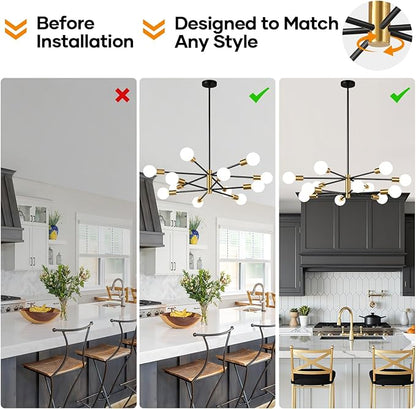 33" Modern Chandelier Ceiling Light Fixture, 12-Light Sputnik Chandeliers Brushed Gold and Black Mid Century Chandelier Over Table, Height Adjustable Chandeliers for Dining Room Living Room Kitchen