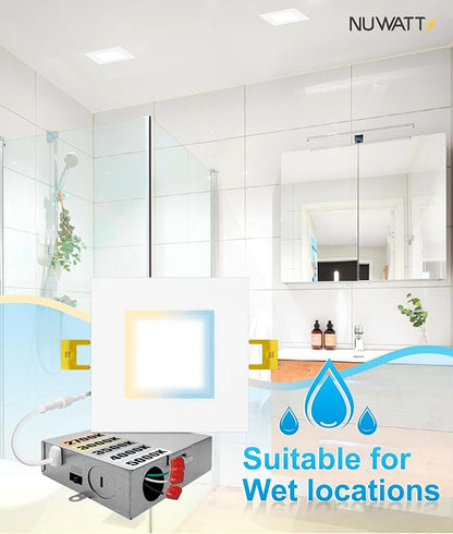 NUWATT 4 Inch Square Wafer LED Recessed Lights, 5 CCT Selectable 2700K/3000K/3500K/4000K/5000K, 630 Lumens Dimmable, Wet & IC Rated Downlight, 4" Canless Square Recessed Lighting, Metal J-Box, 6 Pack