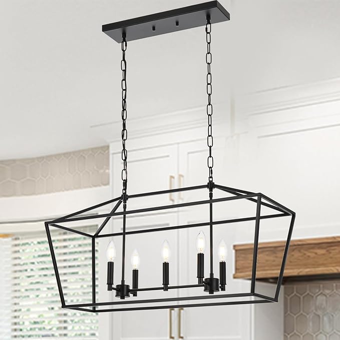 5-Light Kitchen Island Linear Chandelier Large Farmhouse Black Pendant Lighting for Dining Room Over Table Vintage Lantern Hanging Light Fixture, Sloped Ceiling