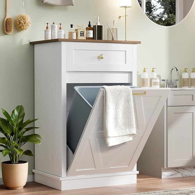 YESHOMY 10 Gallon Tilt-Out Trash Cabinet, Wooden Hidden Garbage Can Holder with Storage Drawers for Kitchen and Dining Room, White (2 Piece)