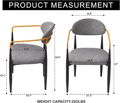 Modern Upholstered Accent Chair Set of 2 with Ergonomic Backrest,Gold Accented Armrests,Linen Fabric Seat,Black Metal Frame,Contemporary Seating for Dining Room,Kitchen Island (Grey,Dining Chair)