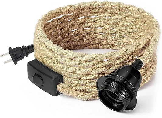 Vintage Plug in Pendant Light with Hemp Rope Cord 16.4 ft, 1-Light Hanging Light Cord Kit with On/Off Switch Farmhouse Black E26 Lamp Socket