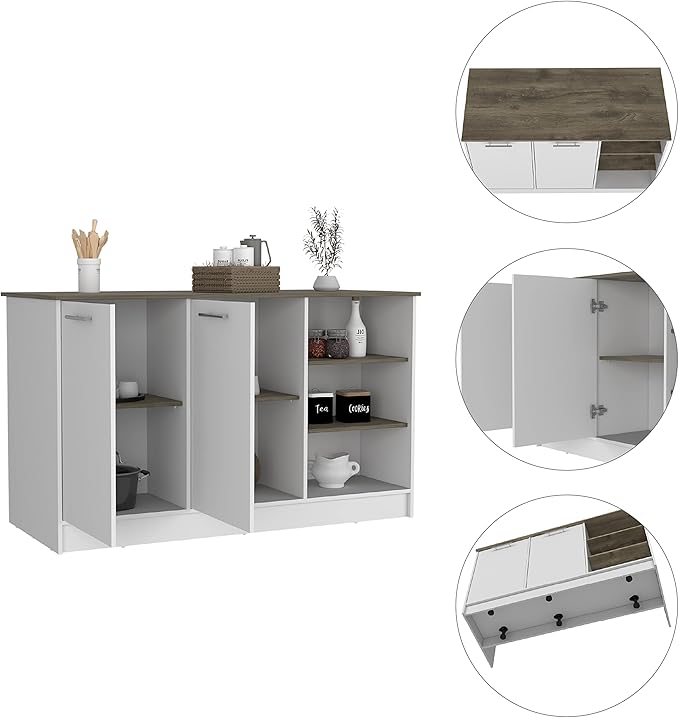 GOWE Kitchen Island Two Cabinets, Three Open Shelves, White/Dark Brown