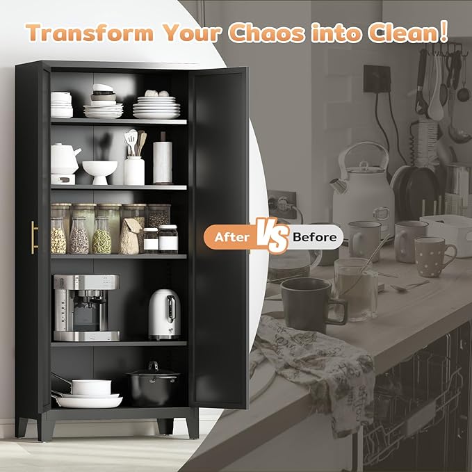 Zevemomo 70.87" H Metal Kitchen Pantry Cabinet, Freestanding Cupboard with 2 Doors and 4 Adjustable Shelves, Tall Metal Storage Cabinet for Kitchen, Bathroom, Dinning Room or Laundry Room （Black）