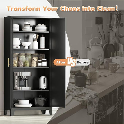 Zevemomo 70.87" H Metal Kitchen Pantry Cabinet, Freestanding Cupboard with 2 Doors and 4 Adjustable Shelves, Tall Metal Storage Cabinet for Kitchen, Bathroom, Dinning Room or Laundry Room （Black）