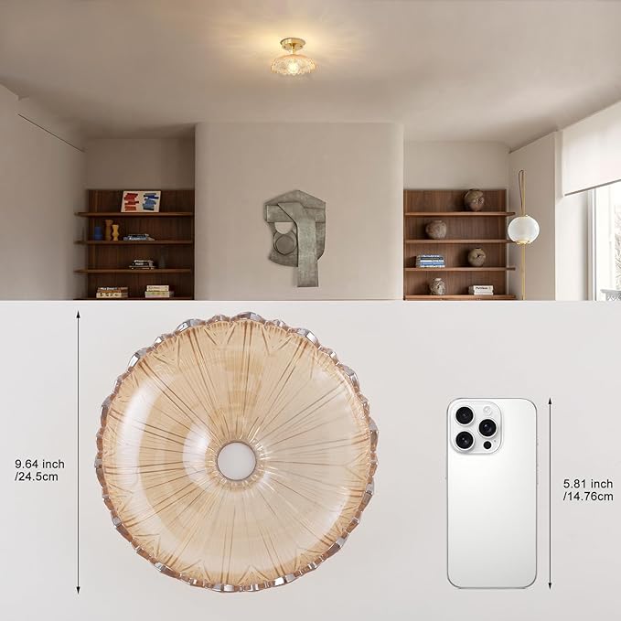 Shenmoyl Semi Flush Mount Vintage Lights Fixture with Amber Flower Glass, Bulb Included, 4.72" Base Modern Ceiling Light for Porch, Kitchen, Bedroom