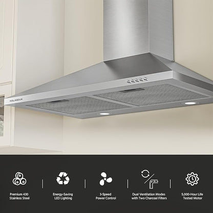 Range Hood 30 inch, 450 CFM Wall Mount Kitchen Hood in Stainless Steel with LED Lighting, 3 Speed Exhaust Fan, Ducted/Ductless Convertible (Charcoal Filters Included)