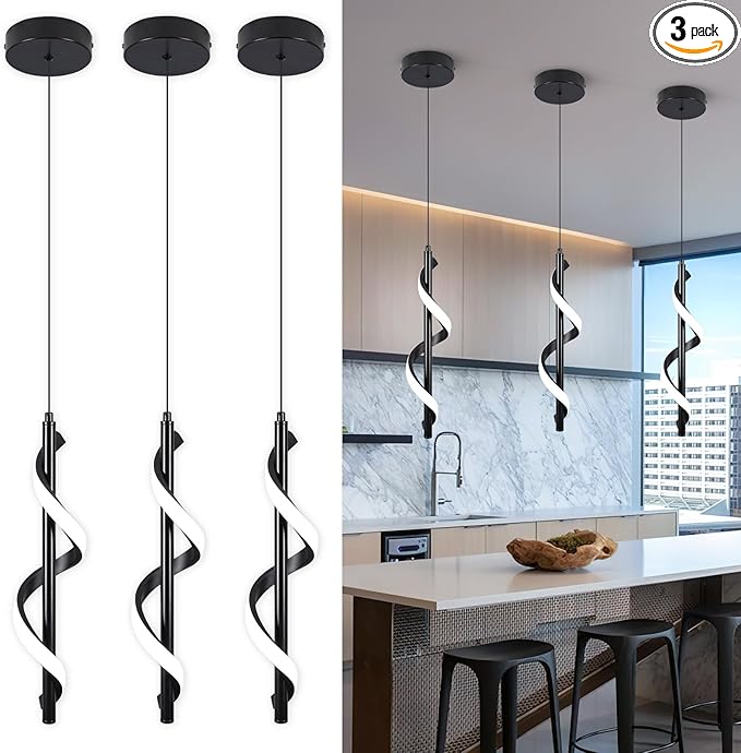 CANEOE 3 Packs Modern Spiral Led Pendant Light Fixture, Cold White 5500K Kitchen Island Pendant Lamp, Adjustable Hanging Light Fixture for Bedroom Living Room Kitchen Sink