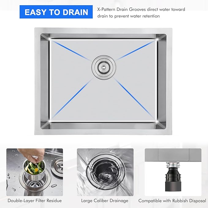 MENATT 25x18 Inch Undermount Kitchen Sink, T-304 Stainless Steel Single Bowl with 3mm Thickened Flange & Roll-up Drying Rack, 9" Deep for Laundry, RV, Indoor/Outdoor Use