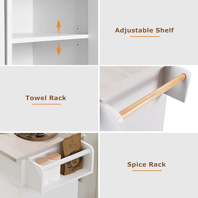 Ball & Cast Kitchen Island with Trash Can Storage Cabinet,Kitchen Cart W/Drop Leaf,Spice Rack,Towel Rack and Drawers,Rolling Kitchen Islands on Wheels W/Adjustable Shelf for Dining Room,White Oak