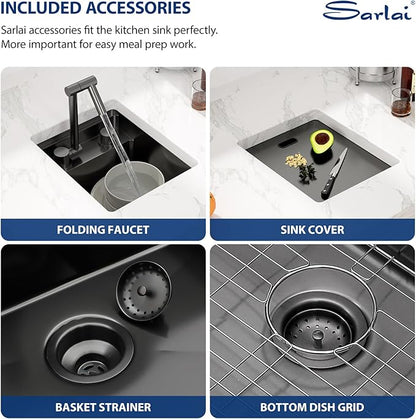 Sarlai Black Undermount Bar Sink With Foldable Faucet - 13x15 Inch Outdoor Black Kitchen Sink RV Workstation 16 Gauge Stainless Steel Single Bowl Handmade Outdoor BBQ Sinks with Lid