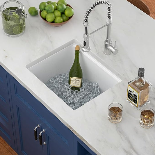 White Undermount Kitchen Sink 21"x18" Workstation Granite Composite Bar Sink Small Granite Sink Undermount Quartz Modern Under Counter Ledge Single Bowl Kitchen Sinks Basin Deep Sink,LOF-Q2313