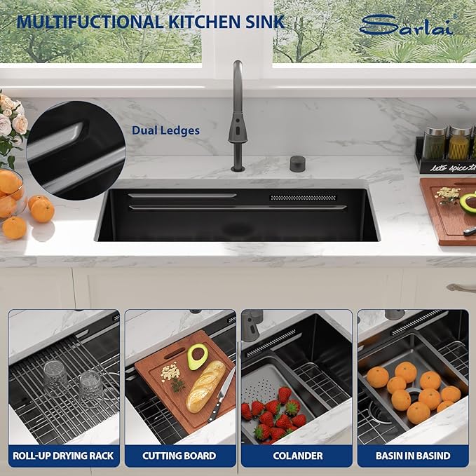Sarlai 33 Inch Waterfall Kitchen Sink - Black Undermount Kitchen Sink With Waterfall Ledge Workstation Stainless Steel 16 Gauge Multifunction Single Bowl Under Mount Basin with Faucet