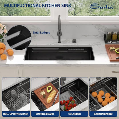 Sarlai 33 Inch Waterfall Kitchen Sink - Black Undermount Kitchen Sink With Waterfall Ledge Workstation Stainless Steel 16 Gauge Multifunction Single Bowl Under Mount Basin with Faucet
