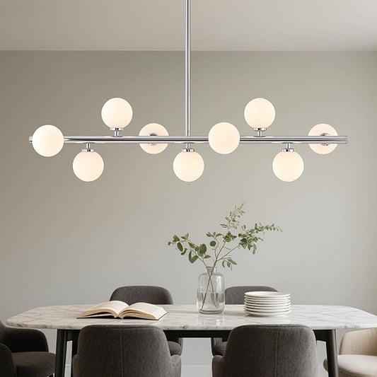 Mid Century Modern Glass Globe Sputnik Chandelier, 9-Light Linear Chandeliers for Dining Room, Kitchen Island, Living, Dining Light Fixture Over Table, Chrome and Milk White Bubble, 40 Inch