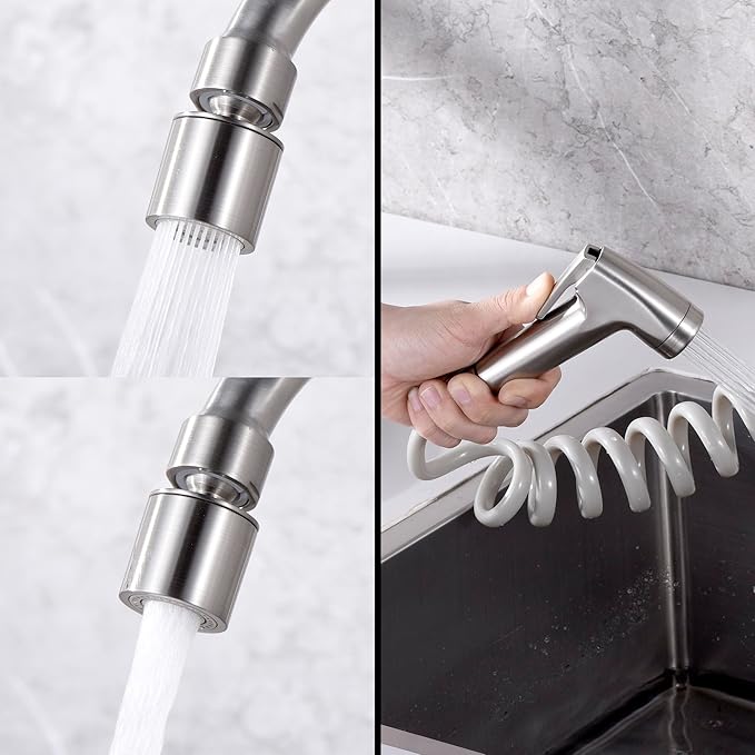 8" Center Wall Mount Kitchen Faucet with Side Sprayer, Brushed Nickle Stainless Steel Sink Mixer Tap, Lead-Free, 360° Swivel Spout