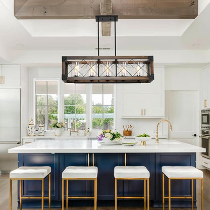 Farmhouse Kitchen Island Lighting, 5-Light Dining Room Light Fixture Over Table, Rustic Wooden Rectangle Chandelier, Pool Table Pendant Light Fixtures with Clean Glass Shade