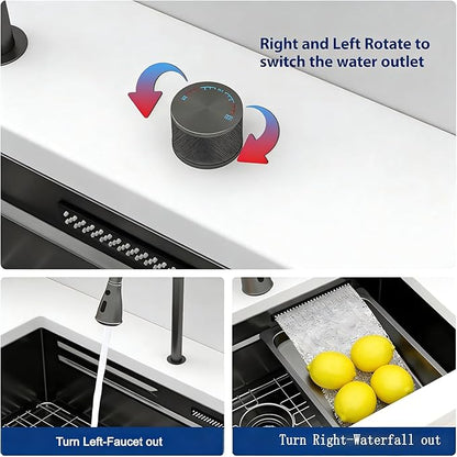 Lordear 33 Inch Gunmetal Black Kitchen Sink With Waterfall Faucet Undermount Kitchen Sinks Workstation Stainless Steel T304 16 Gauge Single Bowl NANO-PVD Handmade Under Counter 33x17x10 Inch