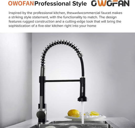 OWOFAN Low Lead Modern Single Handle Pull Down Sprayer Spring Kitchen Faucet, Brass Black&Brushed Nickel Kitchen Sink Faucets