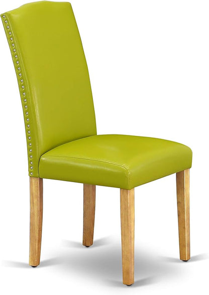 East West Furniture ENP4T51 Encinal Parsons Dining Chairs - Nailhead Trim Autumn Green Faux Leather Upholstered Chairs, Set of 2, Oak