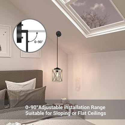 DEWENWILS Farmhouse Pendant Light, Metal Hanging Light Fixture with Wooden Grain Finish, 48" Adjustable Pipes for Flat and Slop Ceiling, Kitchen,Island, Living Room, Bedroom, E26 Base