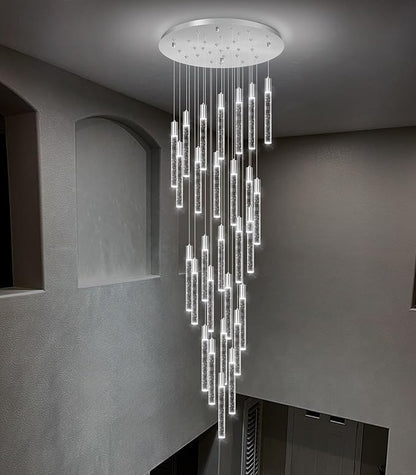 HAIXIANG W27.5 x H177 Large Glam Chandelier Bubble Crystal Ceiling Chandeliers Remote Dimmable LED Light High Ceiling Pendants Light Fixtures Adjustable Long Lights 28-Lights Silver Lamp
