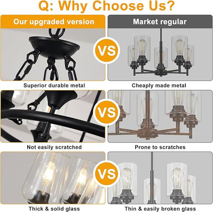 25" Farmhouse Chandelier, 6-Light Black Chandeliers for Dining Room Light Fixture Over Table with Clear Glass Shade, Industrial Hanging Pendant Lights for Kitchen Island Living Room Bedroom Entryway