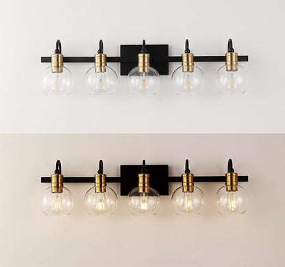 JONATHAN Y 36.5" Black/Brass Gold Vintage Wall Sconce, LED Vanity Light for Bathroom Bedroom Entryway, Clear Glass Globe Shade, Modern Industrial Arched Lamp, LED Bulb Included (JYL3556A)