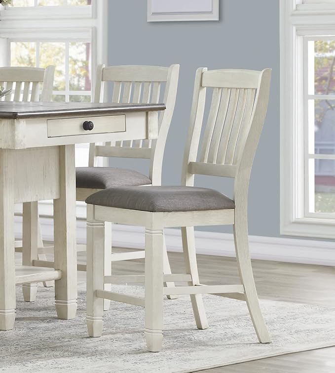 Antique White Counter Height Chairs, Set of 2, Textured Fabric Upholstery, Wood Dining Chairs, Kitchen Island Seating