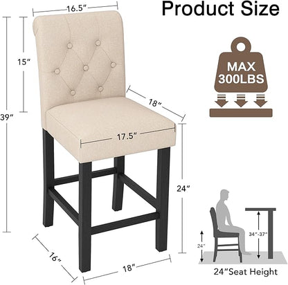 LSSBOUGHT Counter Stools,24 inches Upholstered Counter Height Chairs with Button-Tufted and Solid Wood Legs Set of 2（Beige）