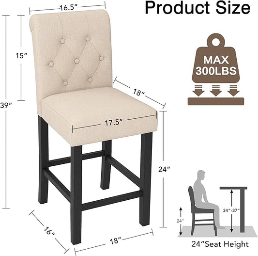 LSSBOUGHT Counter Stools,24 inches Upholstered Counter Height Chairs with Button-Tufted and Solid Wood Legs Set of 2（Beige）